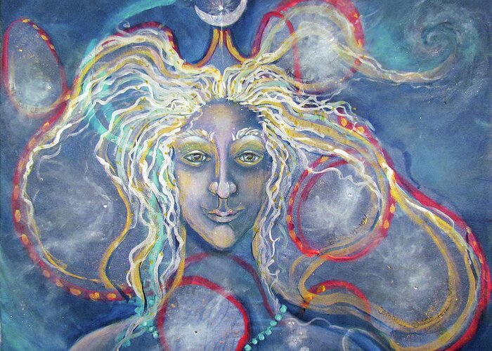 Star Woman. Star Greeting Card featuring the painting Star Woman The Lady Star Moon by Feather Redfox