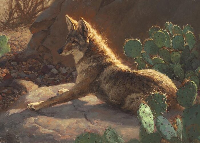 Coyote Greeting Card featuring the painting Startled by Greg Beecham