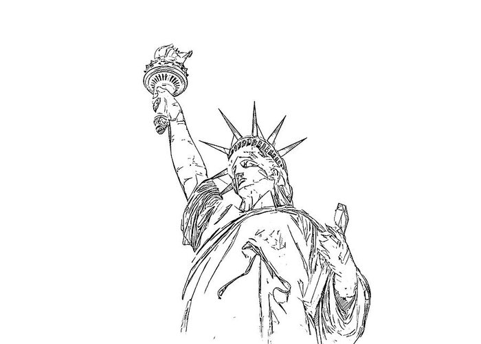 Architecture Greeting Card featuring the digital art Statue of Liberty pencil sketch isolated on white background by Maria Kray