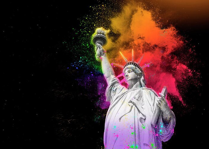 Statue Of Liberty Greeting Card featuring the digital art Statue of Liberty with colorful rainbow holi paint powder explosion isolated on black background by Maria Kray