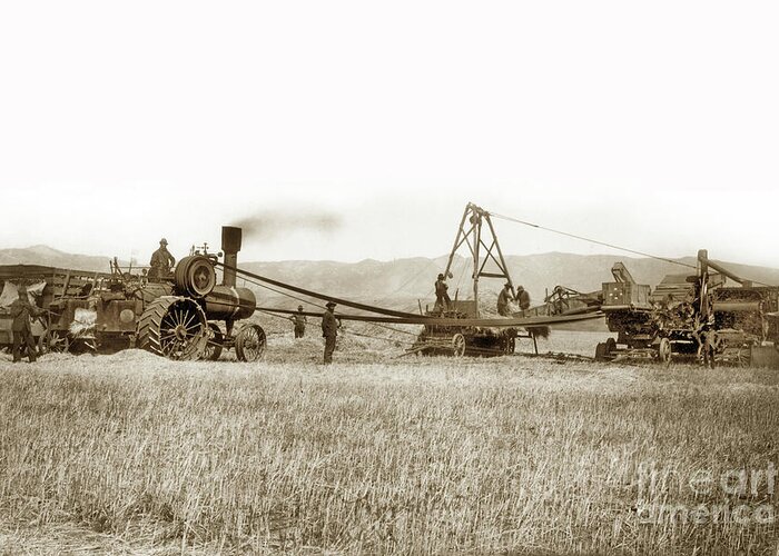 Steam Greeting Card featuring the photograph Steam Tractor, Hay Wagon and steam threshing machine Salinas Valley by Monterey County Historical Society