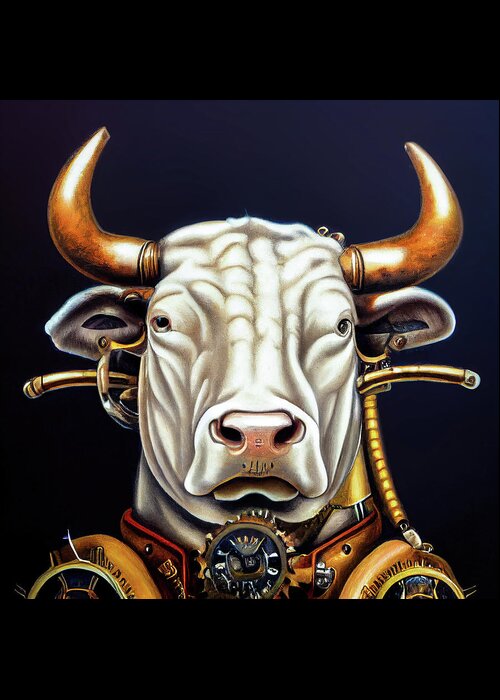 Bull Greeting Card featuring the digital art Steampunk Animal 15 Bull Portrait by Matthias Hauser