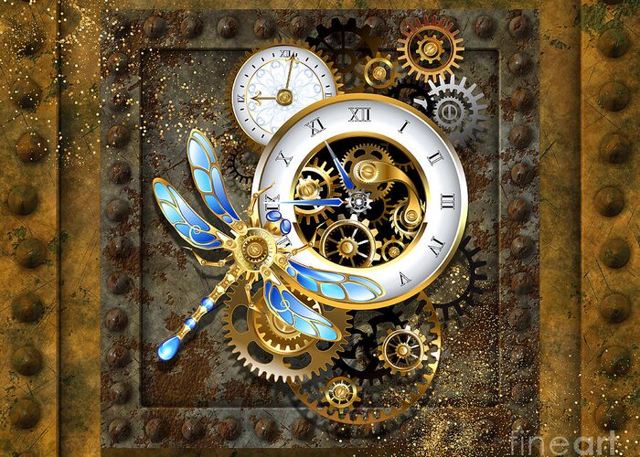 Wallart Greeting Card featuring the digital art Steampunk Dragonfly Clock by Tina Mitchell