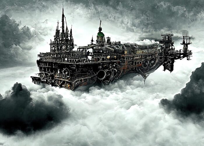 Fantasy Greeting Card featuring the painting Steampunk flying ship, 07 by AM FineArtPrints