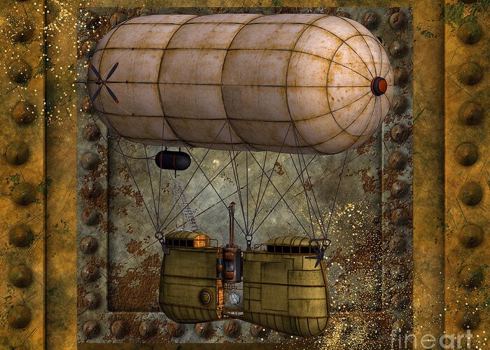 Wallart Greeting Card featuring the digital art Steampunk Zeppelin Balloon by Tina Mitchell