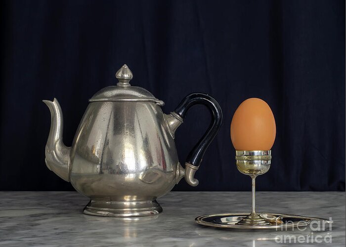 Patina Greeting Card featuring the photograph Sterling Silver Eggcup and Teapot Black Background Still Life by Pablo Avanzini