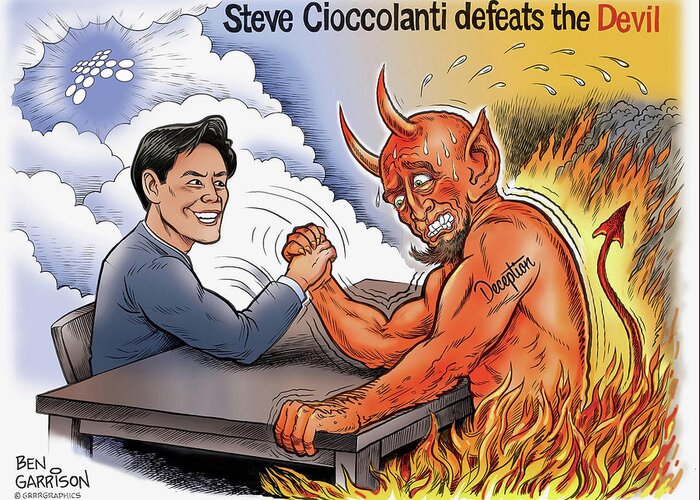  Greeting Card featuring the drawing Steve Cioccolanti Defeats the Devil by Ben Garrison