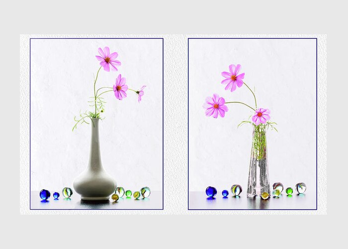 Table Greeting Card featuring the photograph Still Life Collage Vase with flowers and glass marbles by Loredana Gallo Migliorini