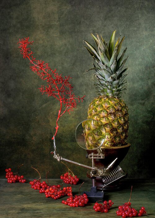Still Life Greeting Card featuring the photograph Still life with pineapple and red viburnum berries by Valentin Ivantsov