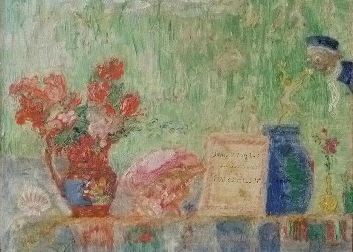 Over Greeting Card featuring the painting Stilleven met boek over Jean Teugels Still life with book about Jean Teugels by James Ensor