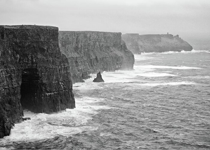 Cliff Greeting Card featuring the photograph Stormy Moody Cliffs of Moher County Clare Ireland Black and White by Shawn O'Brien
