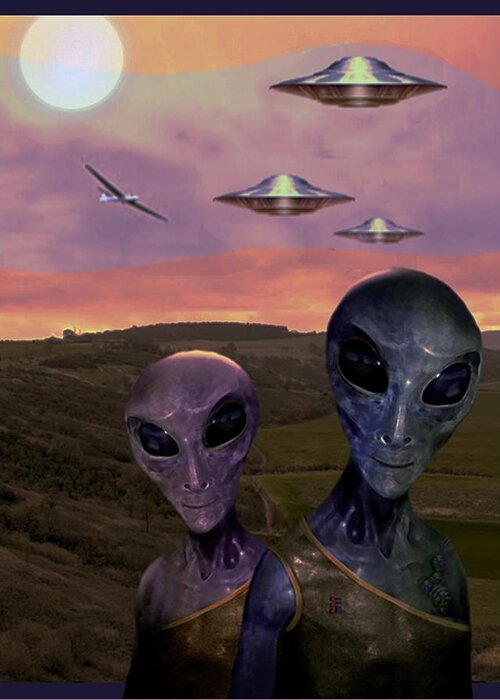 Aliens Greeting Card featuring the mixed media Strange Encounter by Hartmut Jager