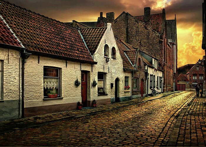 #bruges #belgium #instagram #galagan #edwardgalagan #edgalagan #street #sunset #fotografie #nederland #netherlands #holland #dutch #heritage #artphotography #fineartphotography #hdr #retro #house #roof #eduard_galagan Greeting Card featuring the digital art Street of Old Brugge by Edward Galagan