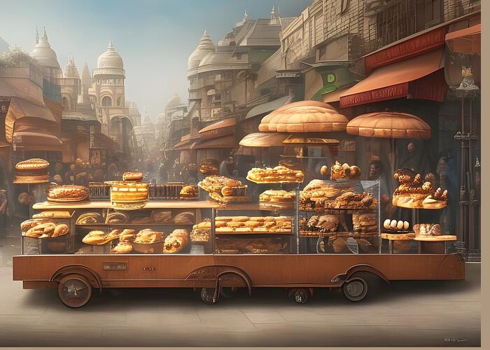 Digital Bread Pastry Cart Vendor Greeting Card featuring the digital art Street Pastry Cart by Beverly Read