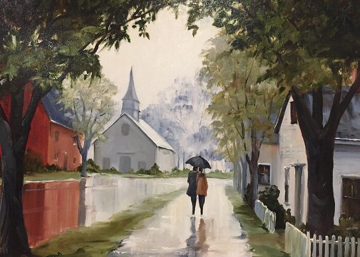 Rain Greeting Card featuring the painting Strolling on a Rainy Day by Judy Rixom