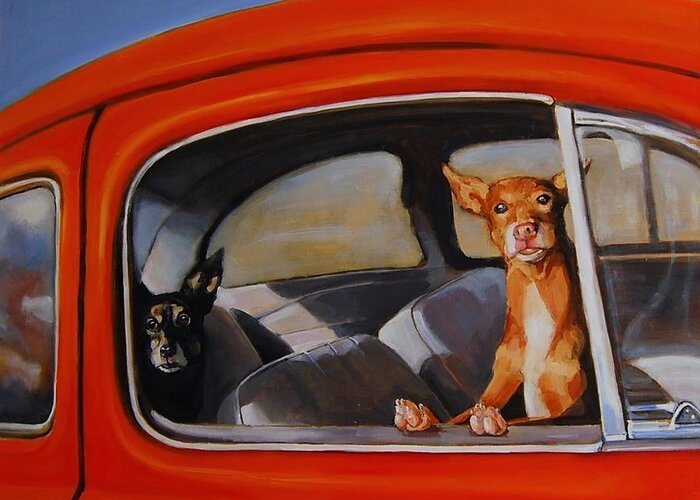 Dogs Greeting Card featuring the painting If We're Such Good Boys Why Did You Leave Us In The Car by Jean Cormier
