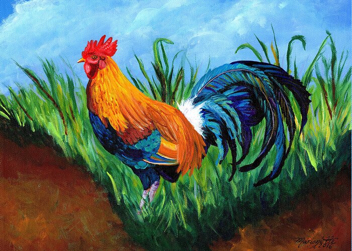 Rooster Painting Greeting Card featuring the painting Sugar Cane Rooster by Marionette Taboniar
