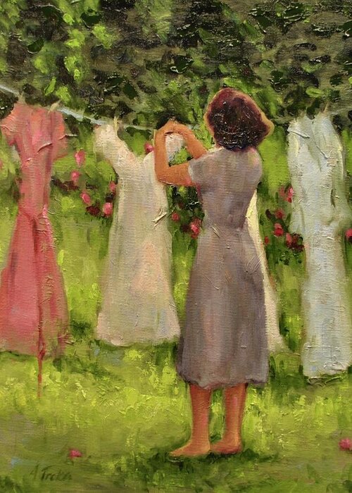 Women Hanging Clothes Greeting Card featuring the painting Summer Breeze by Ashlee Trcka