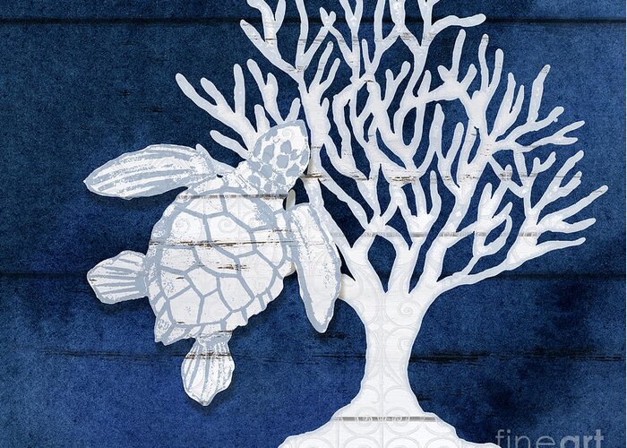 Summer Seas Greeting Card featuring the painting Summer Seas 8 Sea Turtle and Fan Coral Navy and White by Audrey Jeanne Roberts