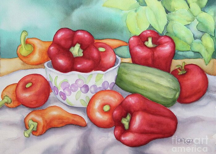 Still Life Greeting Card featuring the painting Summer still life with tomatoes and peppers by Inese Poga