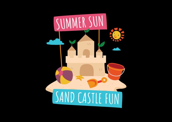 Sandcastle Greeting Card featuring the digital art Summer Sun SandCastle Fun Sand Castle by Moon Tees