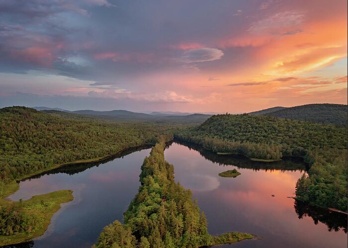 #ponds#maine#mountains#sunset#summer#landscape#mavicpro#drone#clouds Greeting Card featuring the photograph Summer Sunset Over the Pond by Darylann Leonard Photography