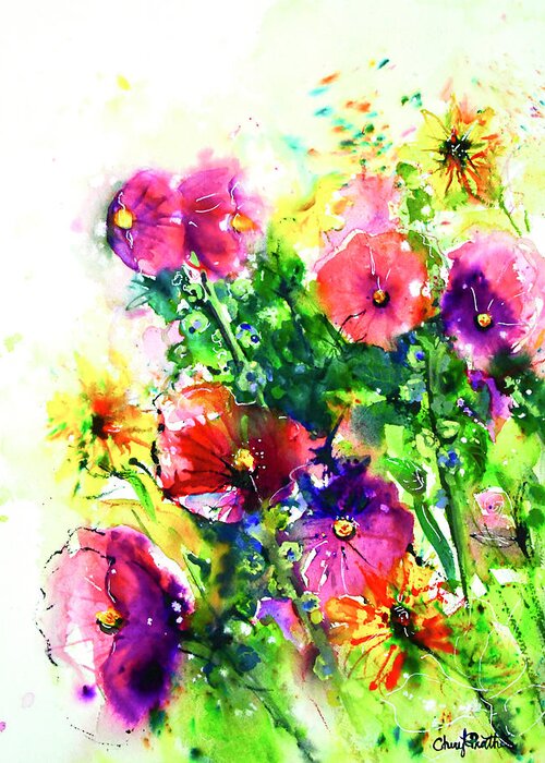 Hollyhocks Greeting Card featuring the painting Summer With The Hollyhocks by Cheryl Prather