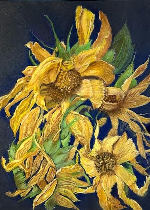 Dried Sunflowers Greeting Card featuring the pastel Summers End by Juliette Becker