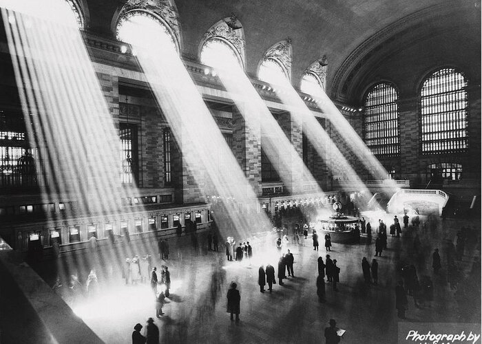 Architectural Feature Greeting Card featuring the photograph Sun Beams Into Grand Central Station by Hal Morey