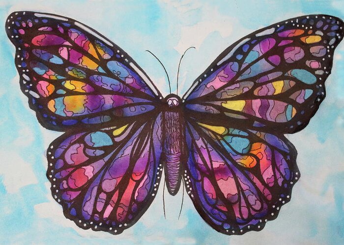 Sun Catcher Greeting Card featuring the painting Sun catcher Butterfly Violets by Kenneth Pope