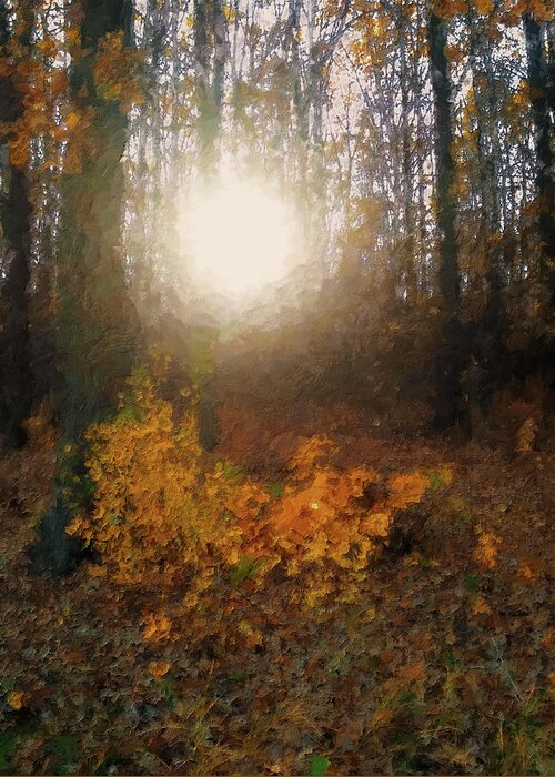 Autumn Forest Greeting Card featuring the mixed media Sun in the Autumn Forest by Alex Mir