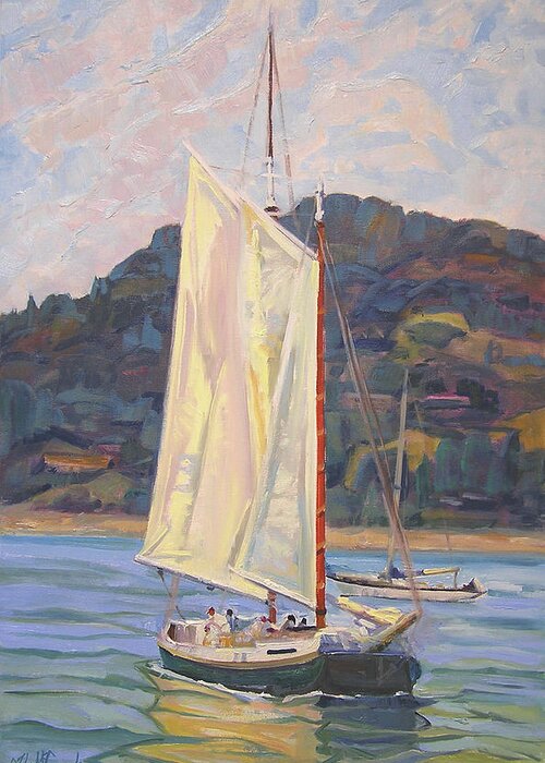 Sailboat Greeting Card featuring the painting Sun Lit Sail, Sausalito by John McCormick