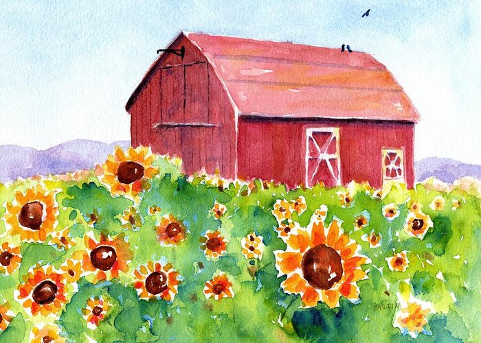 Red Barn Greeting Card featuring the painting Sunflower Field and Barn by Carlin Blahnik CarlinArtWatercolor