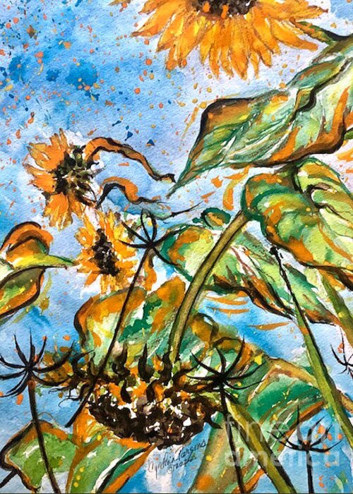 Watercolor Painting Greeting Card featuring the painting Sunflowers Blowing in the Wind by Cynthia Parsons