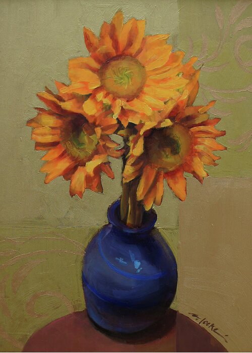 Sunflowers Greeting Card featuring the painting Sunflowers in a blue vase by Cathy Locke
