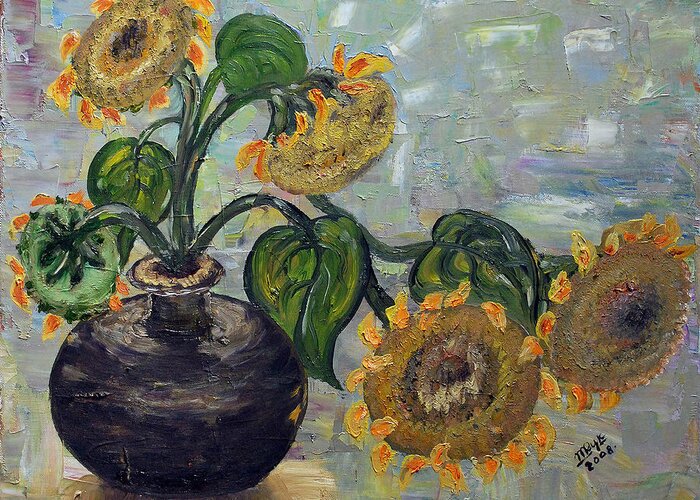 Still Life Greeting Card featuring the painting Sunflowers by Mila Ryk