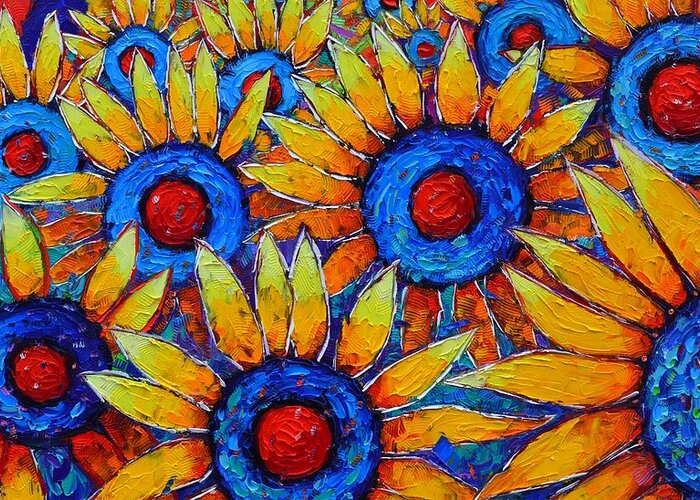 Sunflower Greeting Card featuring the painting SUNFLOWERS OF HAPPINESS colorful textural impasto palette knife oil painting by Ana Maria Edulescu by Ana Maria Edulescu