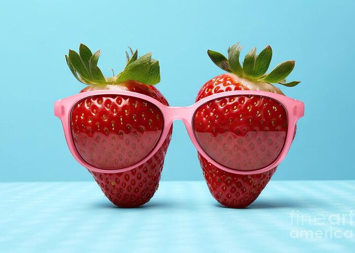 Strawberry Greeting Card featuring the painting Sunglasses Summer Wearing Strawberry Red Fresh Sunglasses Fruit Sunny Shades Holiday Vacation Beach Relax Travel Cool Tropical Fun Exotic Trendy Unusual Fashionable Sun Hot Maker Tour Tourism by N Akkash