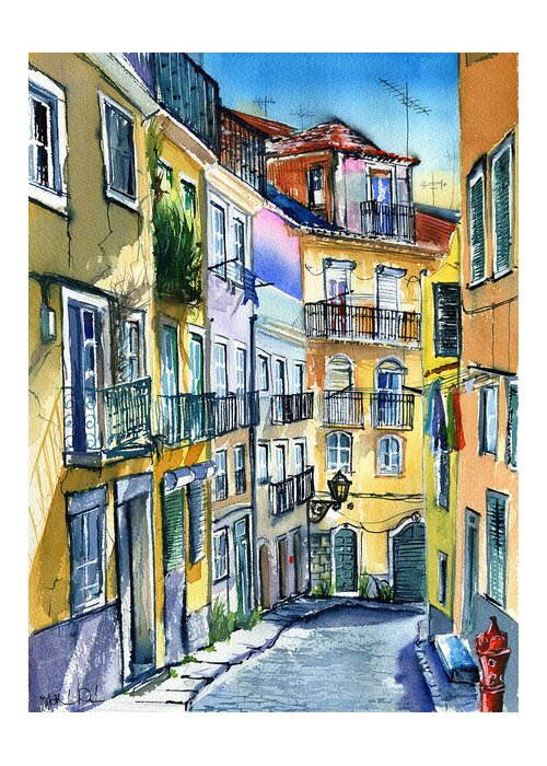 Portugal Greeting Card featuring the painting Sunny Day In Lisbon by Dora Hathazi Mendes