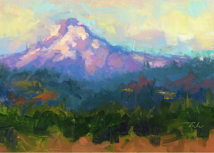 Mt Hood Greeting Card featuring the painting Sunrise Advancing - Mt. Hood Sunrise by Talya Johnson