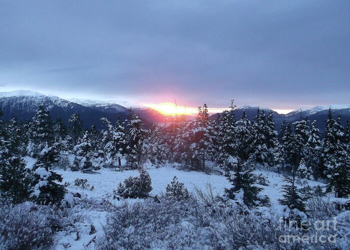 #juneau #alaska #ak #cruise #tours #winter #frozen #clouds #morning #sunrise #vacation #peaceful #cold Greeting Card featuring the photograph Sunrise on a New Day by Charles Vice