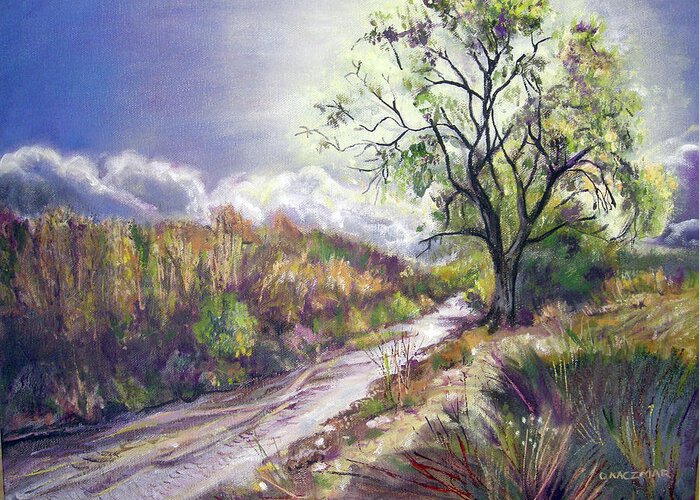 Sunrise Greeting Card featuring the painting Sunrise on Placerita Canyon Creek by Olga Kaczmar
