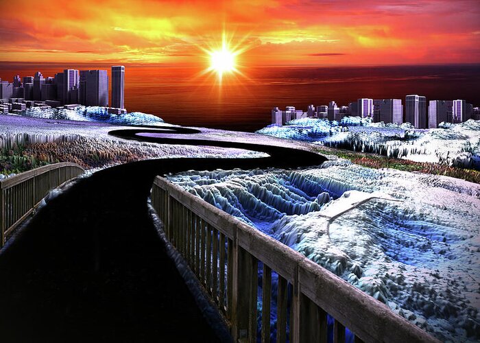 Art Greeting Card featuring the digital art Sunrise Over Adventure City by Artful Oasis