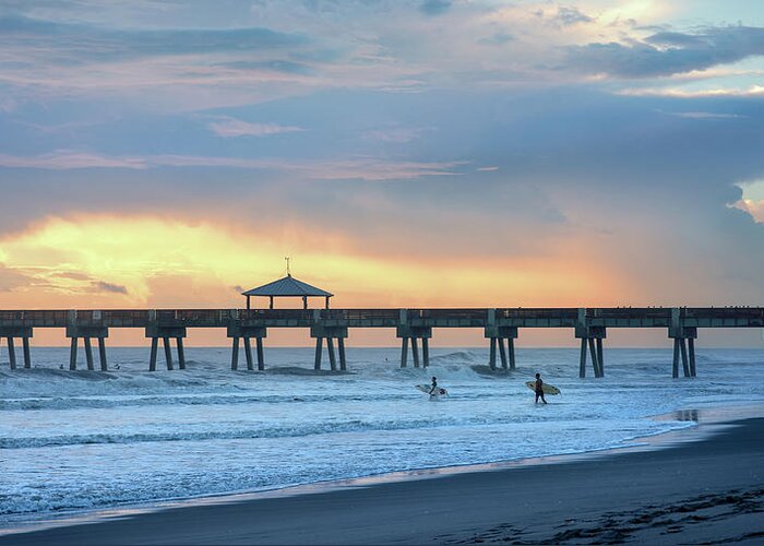 Pier Greeting Card featuring the photograph Sunrise Pier and Surfers by Laura Fasulo