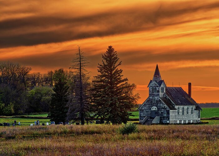 Big Coulee Lutheran Greeting Card featuring the photograph Sunset at Big Coulee Lutheran Church - Ramsey county North Dakota by Peter Herman