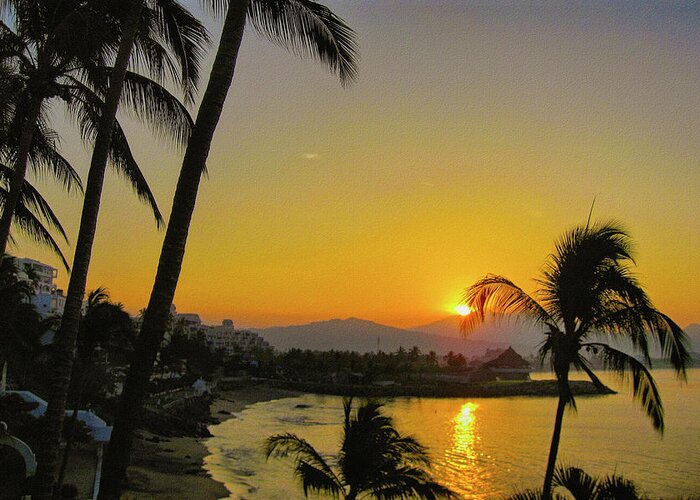 Sunset Greeting Card featuring the photograph Sunset at Dolphin Cove Inn, Manzanillo, Mexico by Tatiana Travelways