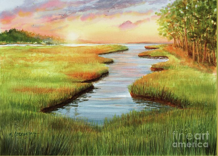 Sunset At Mill Creek Watercolor Greeting Card featuring the painting Sunset at Mill Creek Watercolor by Michelle Constantine