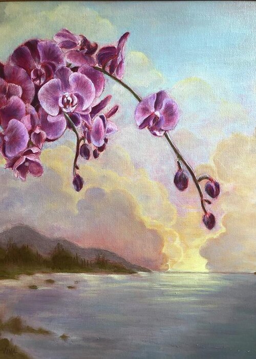 Orchids Greeting Card featuring the painting Sunset Blooms by Vina Yang