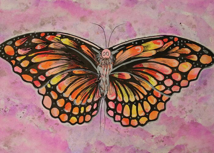 Orange Greeting Card featuring the painting Sunset Butterfly by Kenneth Pope