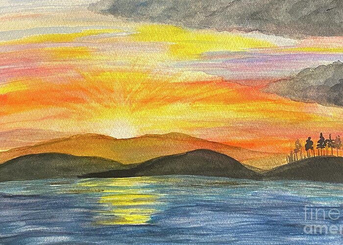 Sunset Greeting Card featuring the painting Sunset by the Shore by Lisa Neuman